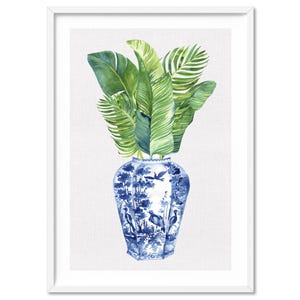 Delft Blue Floral Vase Art Print. Ginger Jar China Wall Decor. Watercolour Tropical Palm Leaves. Blue White Hamptons Floral Wall Art |CSH-32