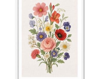 Vintage Birth Flower Wall Art, Retro Family Floral Poster Print, Custom Birth Month Bouquet, Keepsake Gift for Mum | PER-77