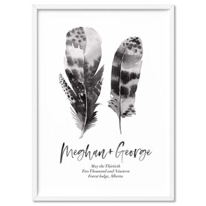 Custom Couple Feather Art Print. Personalised Watercolour Feathers Poster. Choose your names & feathers. Lovers Gift, Anniversary | PER-30