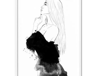 Fashion Sketch Art Print. Woman in Black Watercolour Dress. Female Black & White Chic Fashion Sketch. Fashion Line Art Poster | HPS-64