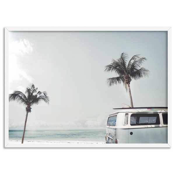 Kombi Van and Palm Trees Wall Art. Retro Surf Art Print. Vintage Beach Campervan Art Poster. Surf Boards & Palms. Coastal Wall Art | DTR-64