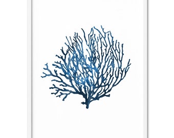 Hamptons Coral Wall Art VI. Blue Indigo Watercolour. Simple Nautical Style Coastal Prints. Scandi Home Style or Hamptons Wall Decor | CSH-16