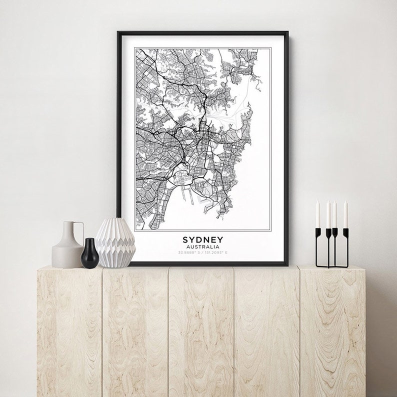 Minimal Scandi Look Decor Street Map Poster Sydney Art Print Australian Map Framed or Unframed MAP-03 Map Wall Art City Map