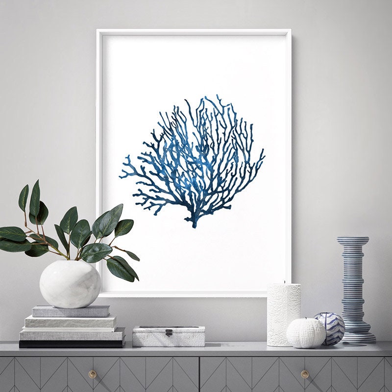 Hamptons Coral Wall Art VI. Blue Indigo Watercolour. Simple - Etsy