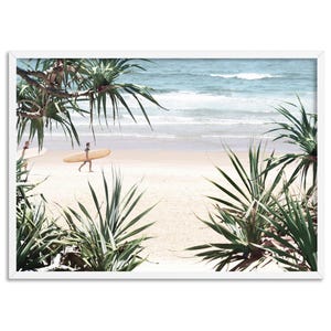 Wategos Beach Byron Ocean Surfers Wall Art. Beach View through Pandanus Tree. Byron Surfers Art Print. Australian Beach Waves | BOC-101