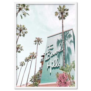 The Beverly Hills Hotel Retro Art Print Poster. Mid Century Californian Vibe Wall Art. Pink Bougainvillea, Green Wall & Palm Trees | DTR-96