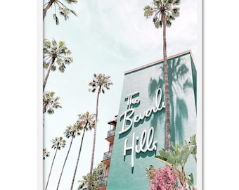 The Beverly Hills Hotel Retro Art Print Poster. Mid Century Californian Vibe Wall Art. Pink Bougainvillea, Green Wall & Palm Trees | DTR-96