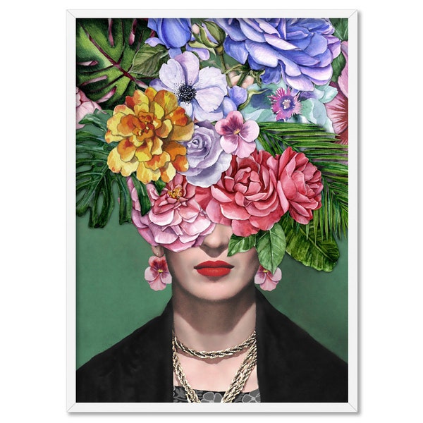 Frida Kahlo Watercolour Floral Crown Print. Iconic Fashion Portrait. Original Mixed Media. Chic Home Interior. Poster or Canvas | HPS-19