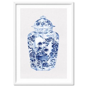 Lámina artística de acuarela de un tarro de jengibre. Póster de jarrón de porcelana china azul y blanca. Arte mural estilo Hamptons. Con o sin marco. / CSH-26