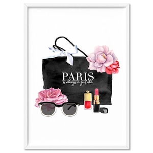 Shopping Bag Paris Wall Art I. Watercolour Florals, Sunglasses, Lipstick & Nail Varnish. Designer Luxe Art Print Quote. Chic Decor | HPS-42
