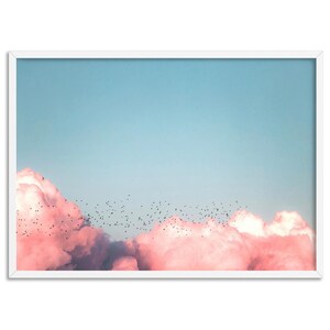 Cloud Print Wall Art in Blush and Blue. Birds flying above the Clouds. Chic Fashion Art Print. Perfect for the Bedroom | ESK-23