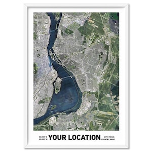 Affiche de carte satellite, votre position. Décoration murale satellite aérien. Photographie d'en haut. Images satellite haute résolution Impression | PAR-60