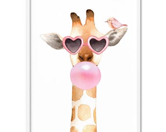 Giraffe Sunglasses Watercolour Art Print. Animal Bubblegum Series. Cheeky Animal Pink Bubble Gum Prints. Kids or Nursery Wall Art | KDS-19