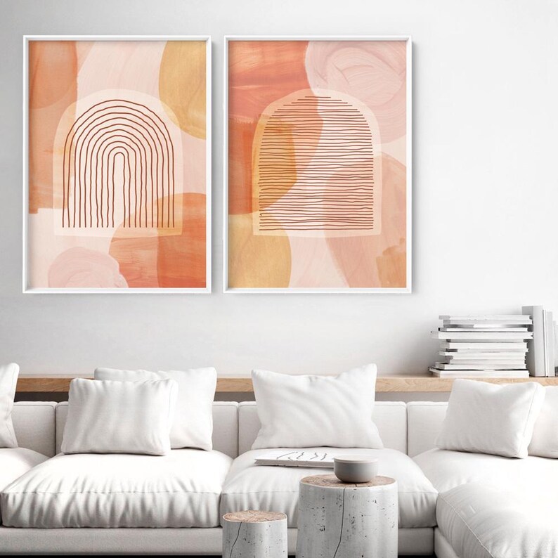 Peach Watercolor Abstract Art. Boho Wall Art Print. Earthy Terracotta Orange Paint Strokes & Arch Shapes. Framed or Poster | ABA-66 image 3