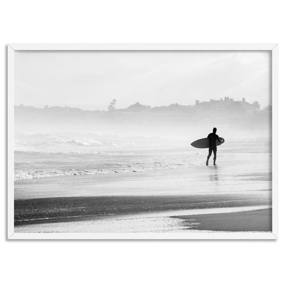 B&W Lone Surfer Art Print. California Ocean Surf Poster