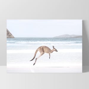 Kangaroo Art Print. Kangaroo Hopping on Beach Poster. Australian Animal Wall Decor. Soft Tone Seascape Photography Coastal Print| ANA-96 zdjęcie 6