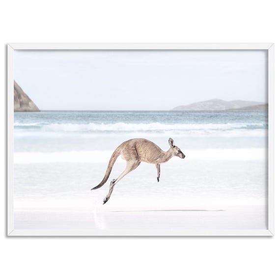 Kangaroo Art Print. Kangaroo Hopping on Beach Poster. Australian Animal Wall Decor. Soft Tone Seascape Photography Coastal Print| ANA-96