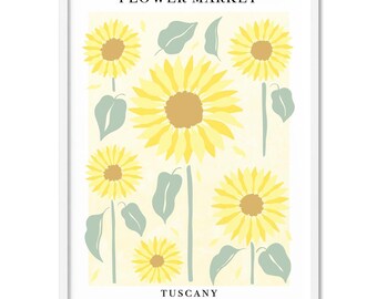 Flower Market Tuscany Poster Print. Pastel Yellow Sunflowers Floral Illustration. Italy Vintage Style Print. Framed or Unframed | UST-55