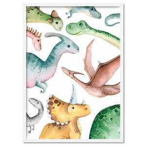 Peek a Boo Dinosaurs Wall Art Print. Watercolor Dinosaur Nursery Print. Cheeky Dino Poster. Playroom Wall Art Poster. Print Proper | KDS-36