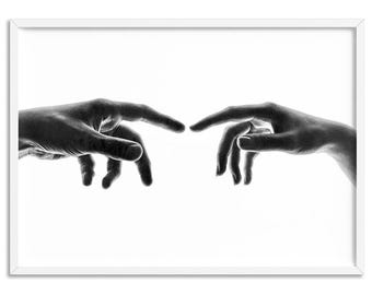 Hands Black and White Art Print. Couple Hands in Black & White. Watercolour Look Photography. Modern take on The Creation of Adam | UST-04