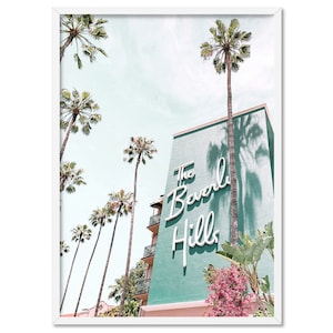 The Beverly Hills Hotel Retro Art Print Poster. Mid Centry Californian Vibe Wall Art. Pink Bougainvillea, Green Wall & Palm Trees | DTR-96