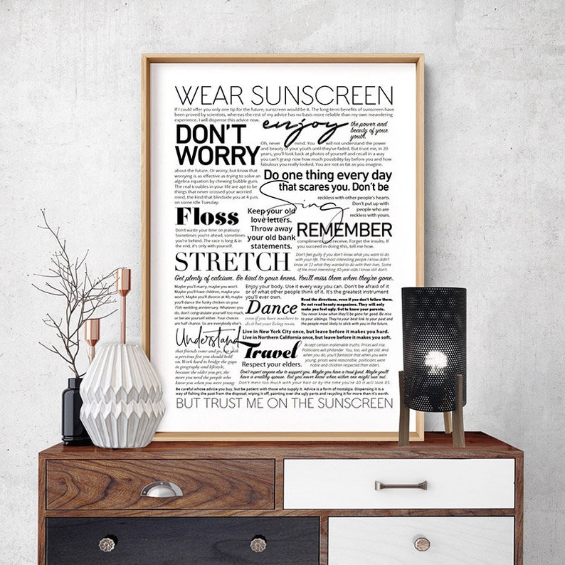 Everybody's Free to Wear Sunscreen Lyrics. Typography Etsy