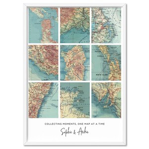 May include: A white-framed print displaying nine vintage map segments in a grid. The maps use a muted colour scheme of blues, tans, and reds. The text "COLLECTING MOMENTS, ONE MAP AT A TIME" and the names "Sophie & Archie" are printed at the bottom.