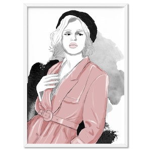 Chic Fashion Illustration Poster. Woman in Apricot beige Coat Sketch. Blush & Black Watercolour. Figurative  Illustration Art Print | HPS-56