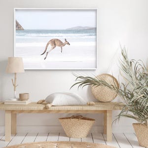 Kangaroo Art Print. Kangaroo Hopping on Beach Poster. Australian Animal Wall Decor. Soft Tone Seascape Photography Coastal Print| ANA-96 zdjęcie 2