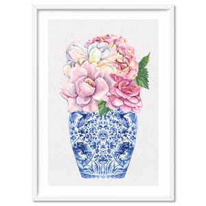 Lámina floral de peonías en tarro de jengibre. Decoración floral de pared Hamptons en acuarela. Azul chinoiserie y blanco. Póster de jarrón de porcelana china / CSH-27
