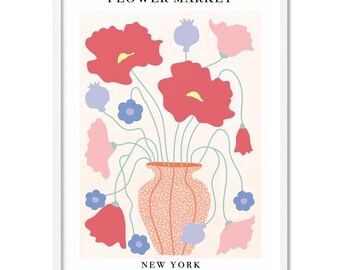 Flower Market Wall Art Poster New York. Mid Century Style Floral Illustration in Vase. Retro Vintage Style Flower Bouquet Poster | UST-54