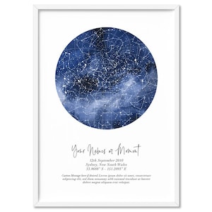 Custom Constellation Star Map Print. Night Sky Poster. Blue Galaxy Watercolour on White. Couple Anniversary Wedding Baby Bday Gift | PER-33