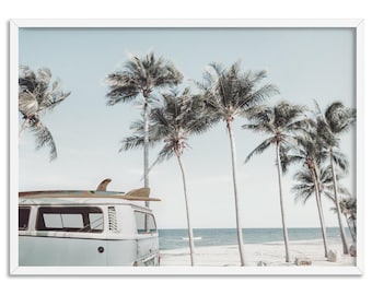 Retro Kombi Van Print. Surf Kombi Van Poster. Vintage Coastal Beachside Palm Trees Art. Coastal Beach & Surf Boards Wall Art | DTR-65