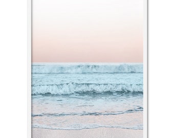 Ocean Waves in Blush Blue, Wall Art. Pastel Sea Art Print. Beach at Dusk in Pastels. Perfect in Chic Bedroom. Modern Home Interior | BOC-18