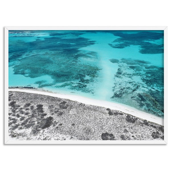 Blue Coral Reef Art Print. Australian Aerial Ocean Photography Poster. Turquoise Clear Water Beach Wall Art. Coastal Decor | BOC-50