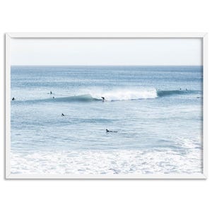 Blue Ocean Surfers Art Print. Beach Surf Poster. Newport Beach California. Blue Sea Ocean Horizon. Holiday Beach Vibes Print | BOC-81