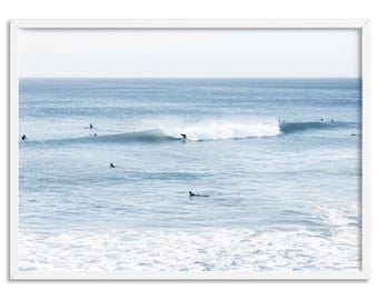 Blue Ocean Surfers Art Print. Beach Surf Poster. Newport Beach California. Blue Sea Ocean Horizon. Holiday Beach Vibes Print | BOC-81
