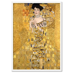 May include: A portrait painting of a woman in a gold dress with a geometric pattern. The background is a gold mosaic with a variety of shapes and patterns.