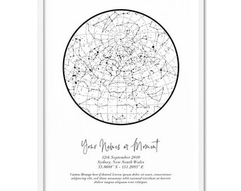 Custom Star Map Art Print. Night Sky Personalised Constellation Poster. Black outlines on White. Perfect Gift, Birthday Anniversary | PER-34