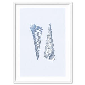 Sea Shell Print. Coastal Home Decor. Pair of Auger Shells. Hamptons Wall Art Nautical Poster. Printed Linen Texture. Blue Tones | CSH-39