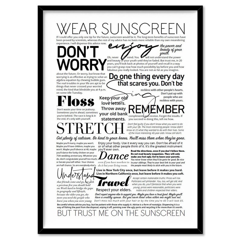 Everybody's Free to Wear Sunscreen Lyrics. Typography Etsy