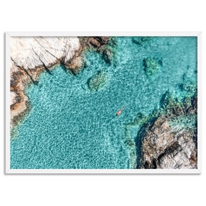 Aerial Island Art Print. Turquoise Waters Poster. Woman Holiday Swim in Clear Waters. Mediterranean Coastal Art Print or Canvas | BOC-51