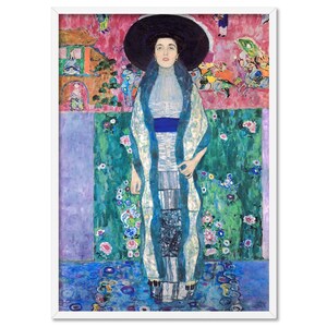 May include: A painting of a woman in a blue and white dress with a black hat. The background is a vibrant pink with green and purple accents. The woman is standing in front of a green and white patterned wall.