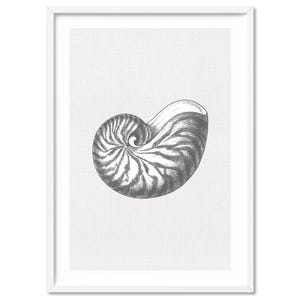 Sea Shell Poster Print. Hamptons Coastal Style Wall Art Poster. Chambered Nautilus Shell. Printed Linen Texture. Grey & Neutrals | CSH-36