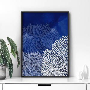 Hamptons Art Print. Coral Sea Fan in Blue Watercolour. Designed in Sydney. Coastal Inspired. Scandi Interior Decor Poster | CSH-07