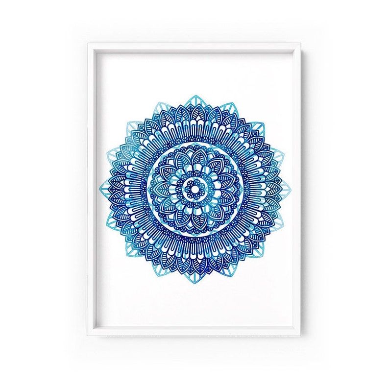 Framed or Unframed MAN-02 Boho Vibes Mandala Print Poster or Canvas Watercolour Style Art Blue Medallion Style Print and Proper