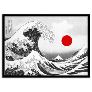 KATSUSHIKA HOKUSAI The Great Wave off Kanagawa, 1831. Japanese Wave in Black & White. Red Sun. Digitally Remastered Print FAR-13 image 4