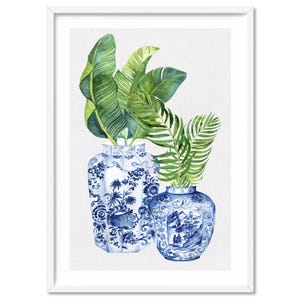 Chinoiserie Wall Art. Pair of Blue & White China Ginger Jar Vases Poster. Hamptons Kitchen or Lounge Art. Green Leaf Wall Art Poster| CSH-30
