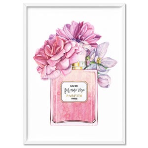 Pink Perfume Bottle Print. Designer Inspired Watercolour Florals. Eau De Parfum Paris. Fashion Decor Wall Art, Framed or Unframed | ALE-40