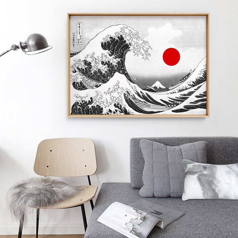 KATSUSHIKA HOKUSAI The Great Wave off Kanagawa, 1831. Japanese Wave in Black & White. Red Sun. Digitally Remastered Print FAR-13 image 3
